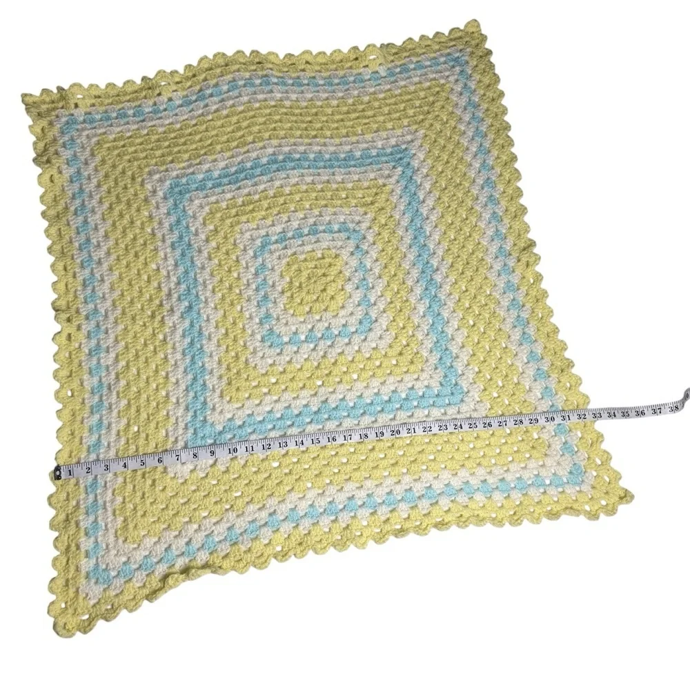 Hand Made Blue Yellow Square Afghan Baby Blanket Crochet Throw Home Decor 33x33”
